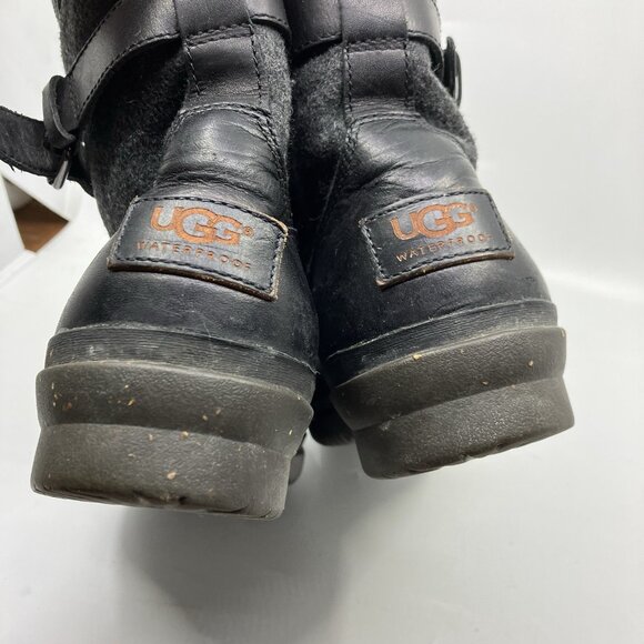 UGG Kesey Black Leather Side Zip Combat Boots Buckle Outdoors Womens 10 - Picture 12 of 13